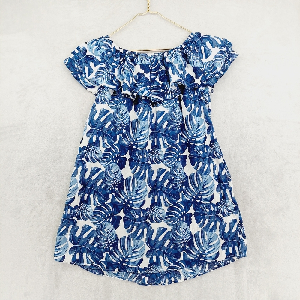 Falls Creek Blue Palm Fronds Off the Shoulder dress P5330 - Picture 4 of 8